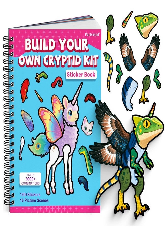PARTYWIND Cryptid Construction Kit Sticker Book for Kids, Build Your Own Cryptid Animals Sticker Book with 16 Scenes, Airplane Car Travel Essentials Activities Toys for Toddlers Ages 3-5 - Image 1